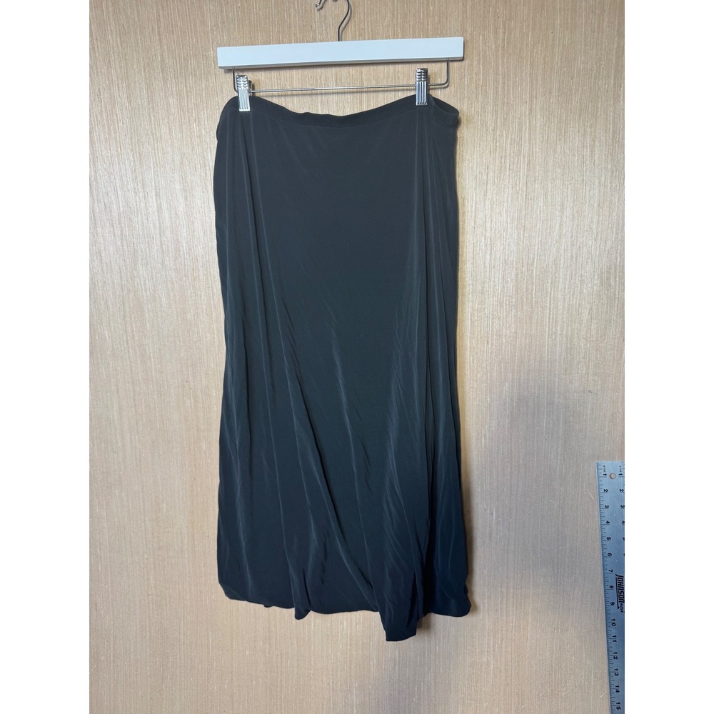 Eileen Fisher Womens Black 100% Silk Lined Midi Skirt Size L Elastic Waist Solid